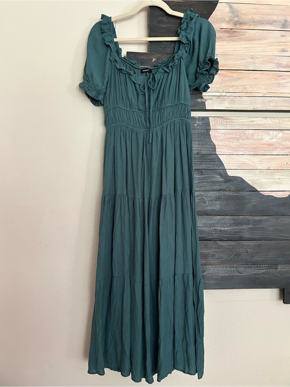 August Sky Front Tie Ruffled Neckline Puff Sleeve Tiered Midi Dress
